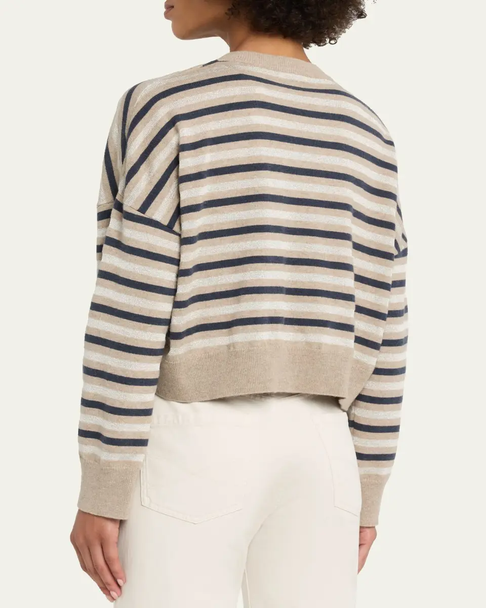 Brunello Cucinelli Shimmering Striped Wool-Cashmere Crop Sweater | Thumbnail 3 Brunello Cucinelli Shimmering Striped Wool-Cashmere Crop Sweater | Thumbnail 3