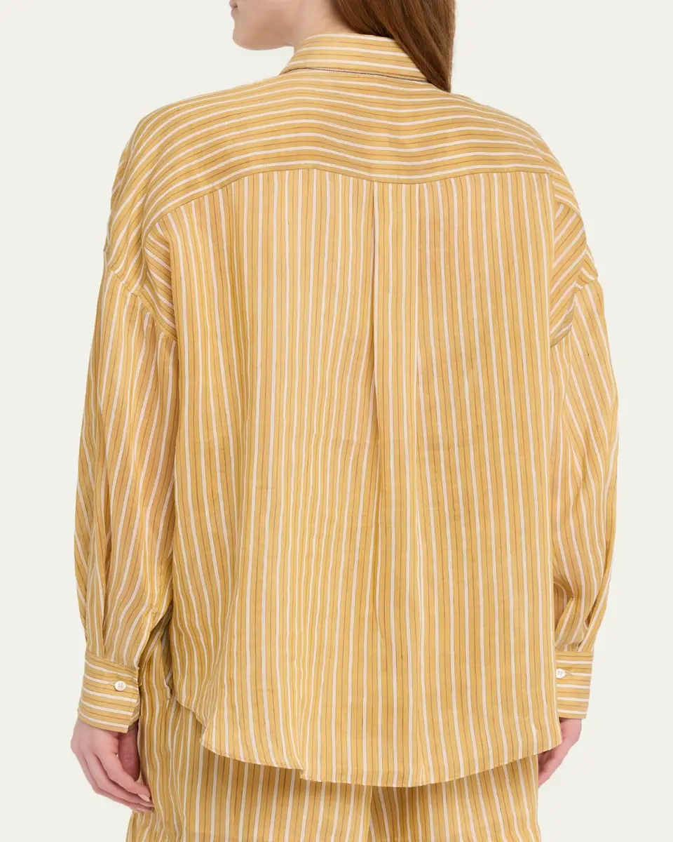 Brunello Cucinelli Striped Linen and Silk Button-Down Shirt | Thumbnail 3 Brunello Cucinelli Striped Linen and Silk Button-Down Shirt | Thumbnail 3