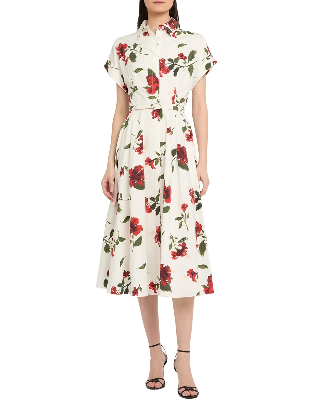Short-Sleeve Hibiscus Cotton Poplin Midi Shirtdress With Belt Short-Sleeve Hibiscus Cotton Poplin Midi Shirtdress With Belt