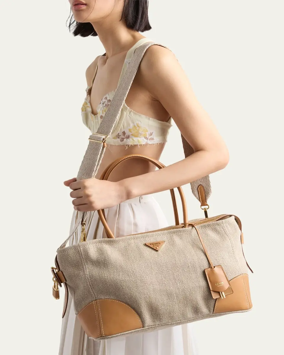 Prada Large Linen & Leather Tote Bag | Thumbnail 2