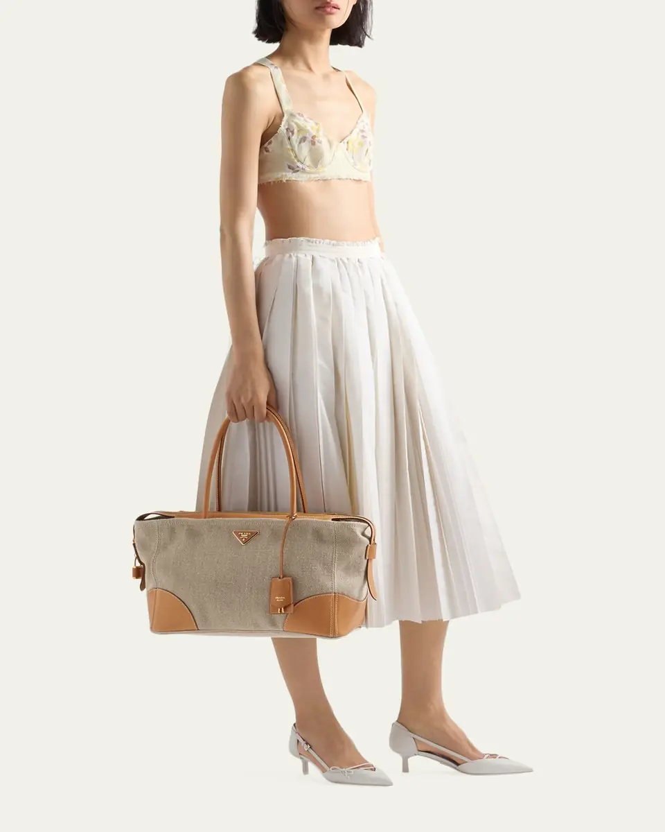 Prada Large Linen & Leather Tote Bag | Thumbnail 4
