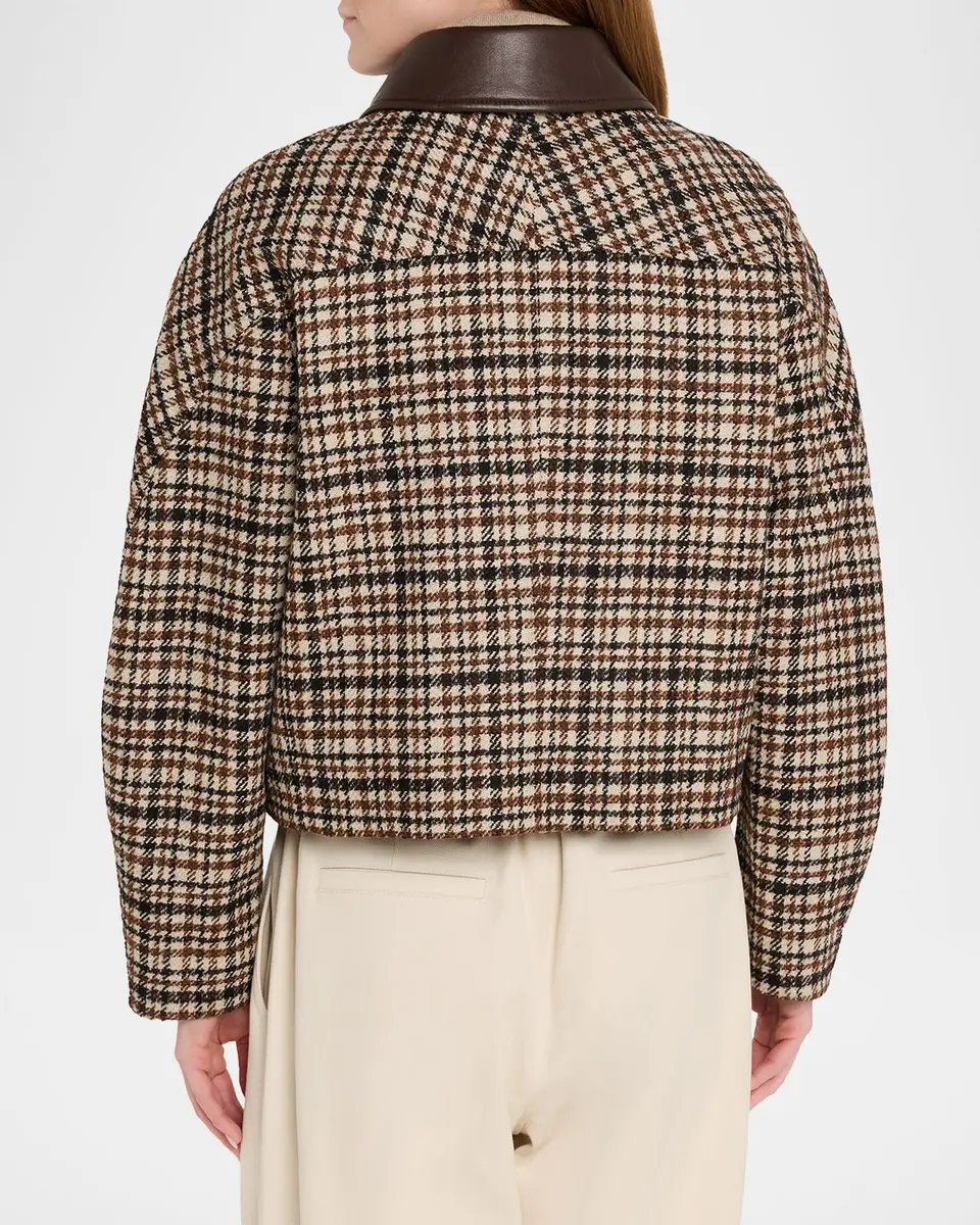 Brunello Cucinelli Leather-Collar Check Boxy Car Coat | Thumbnail 3 Brunello Cucinelli Leather-Collar Check Boxy Car Coat | Thumbnail 3