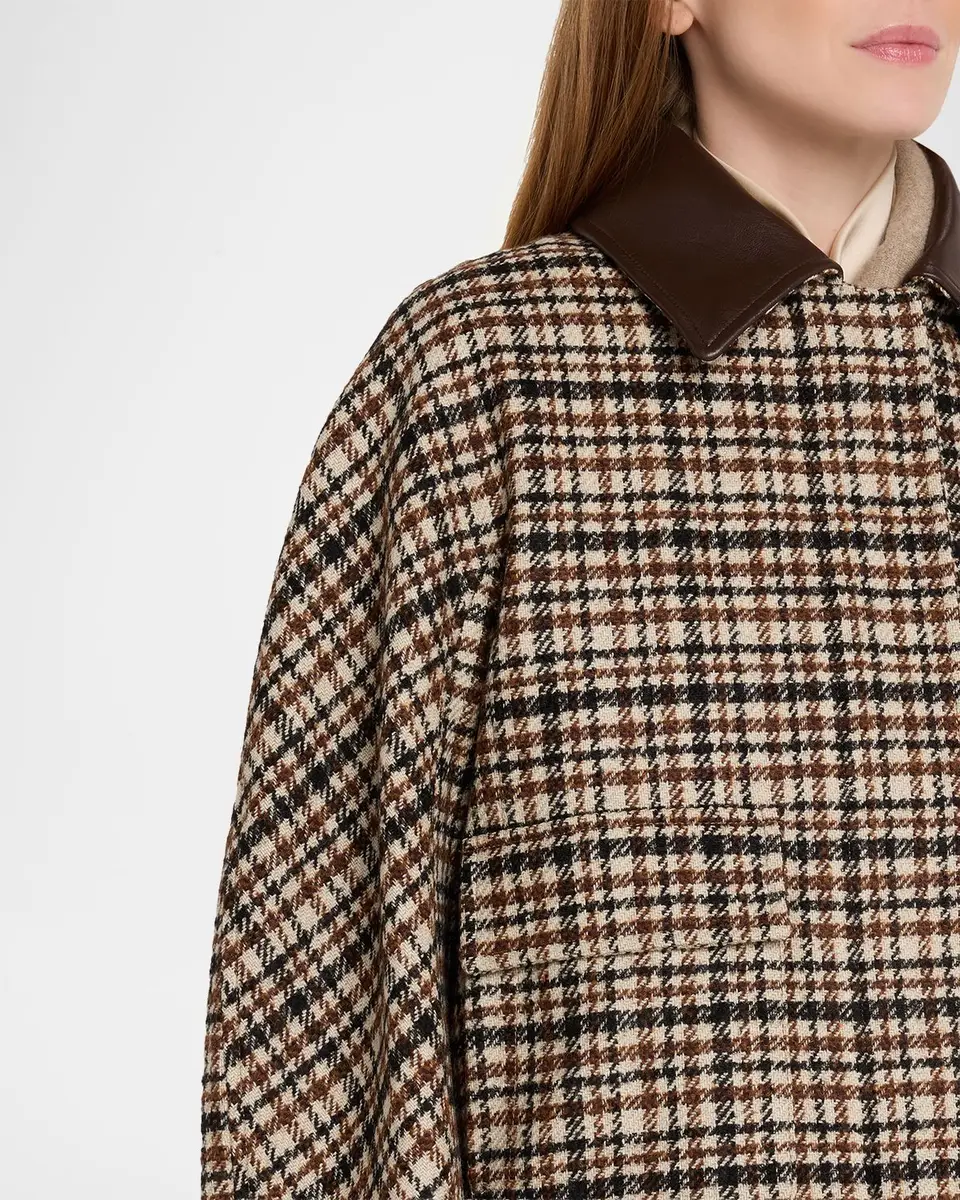 Brunello Cucinelli Leather-Collar Check Boxy Car Coat | Thumbnail 5 Brunello Cucinelli Leather-Collar Check Boxy Car Coat | Thumbnail 5