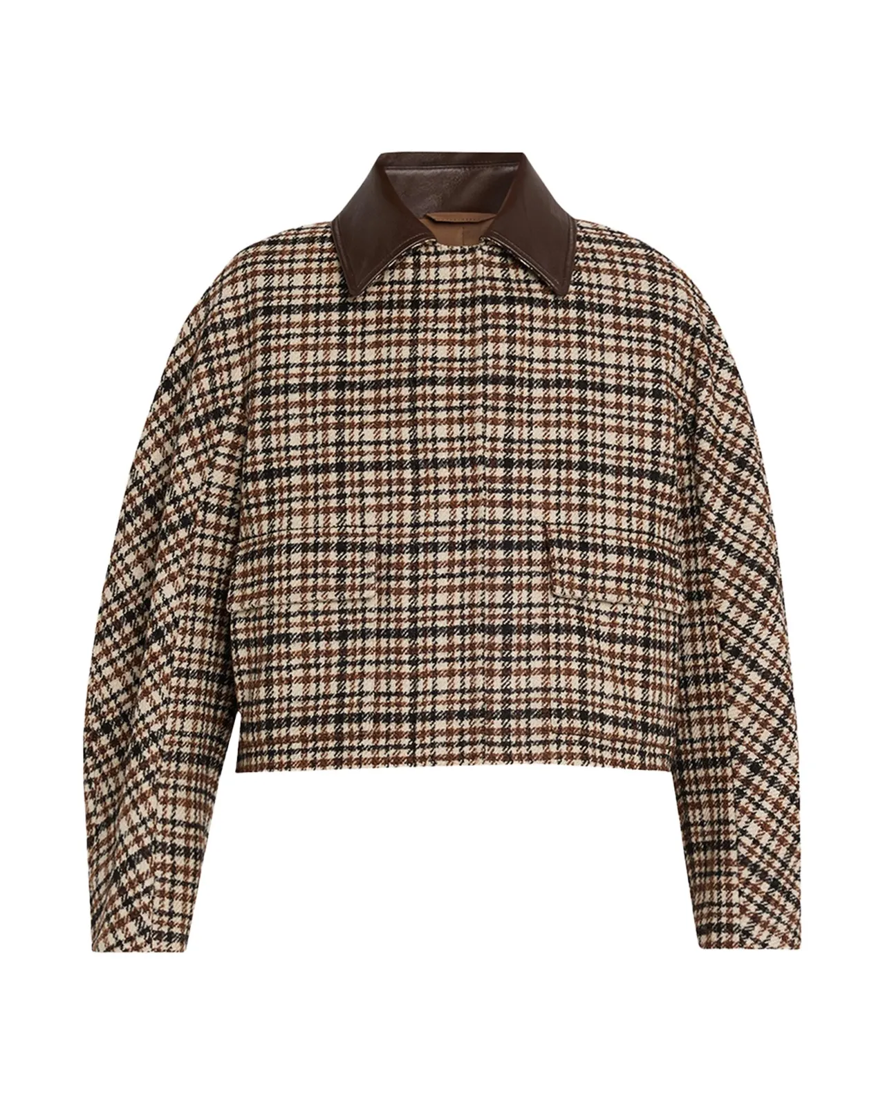 Leather-Collar Check Boxy Car Coat