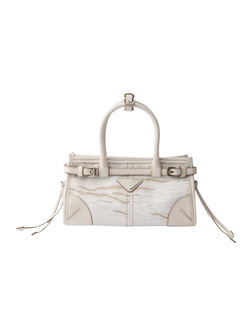 Prada Bonnie Small Printed Linen & Leather Top-Handle Bag
