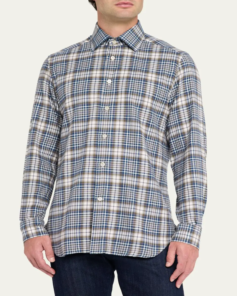 Kiton Men's Cotton Plaid Classic Fit Button-Down Shirt | Thumbnail 4 Kiton Men's Cotton Plaid Classic Fit Button-Down Shirt | Thumbnail 4