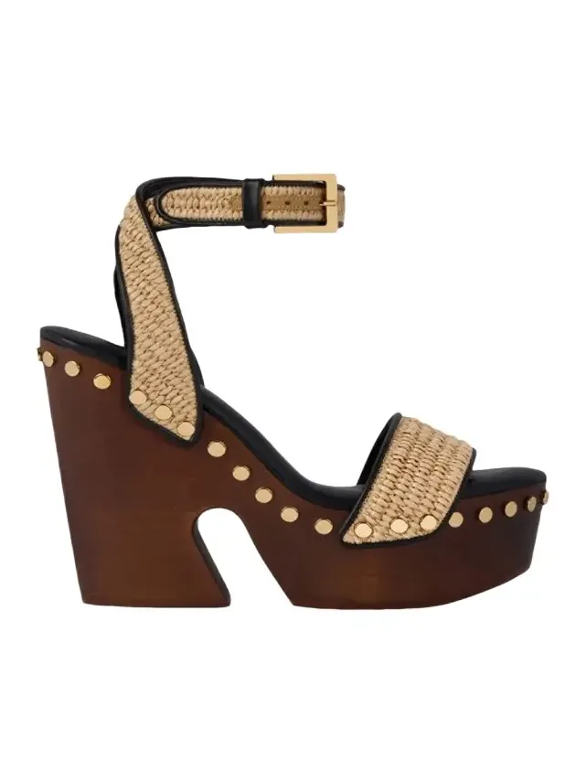 Clog Raffia-Effect Platform Sandals with Studs Detail