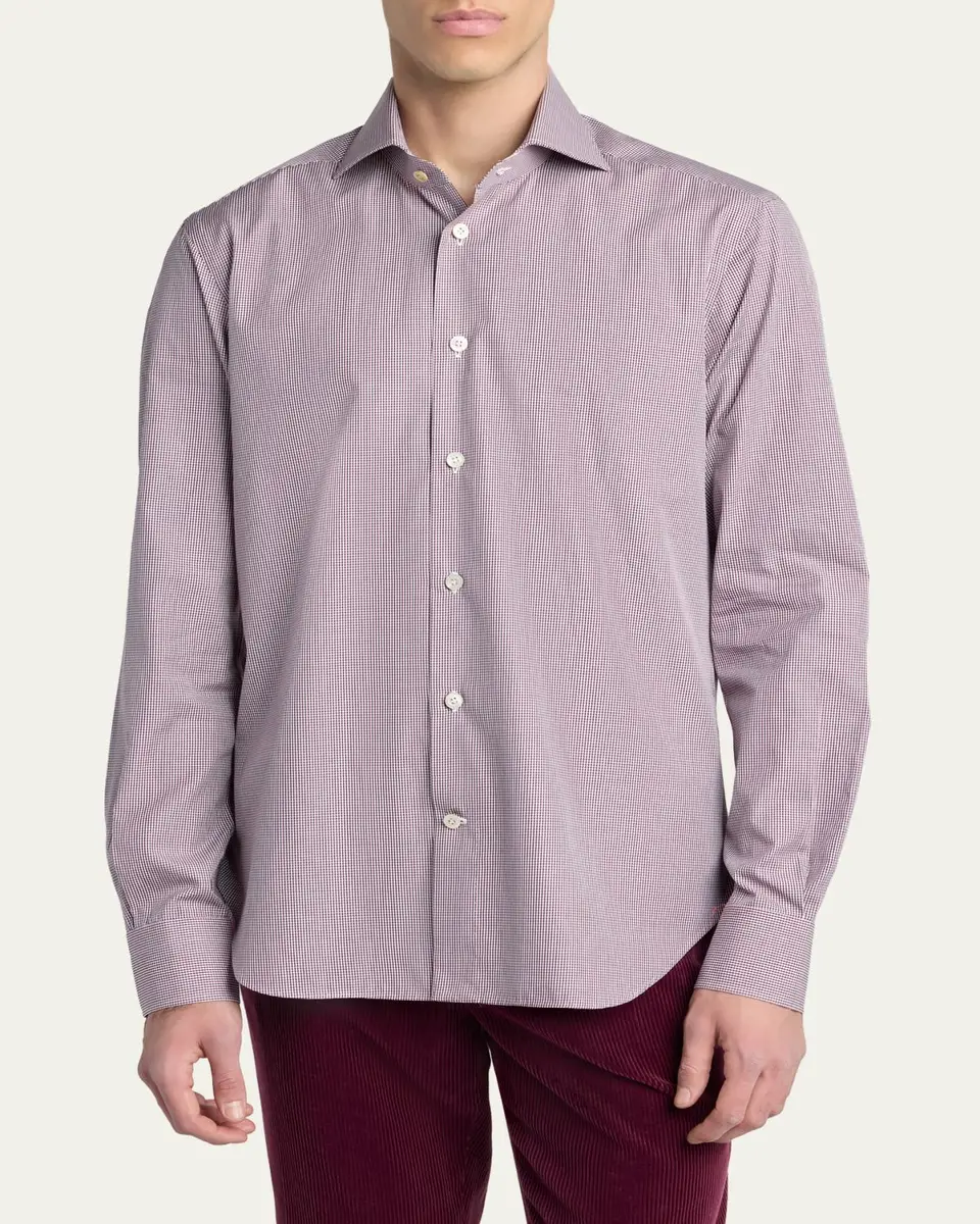 Kiton Men's Micro-Gingham Cotton Sport Shirt | Thumbnail 4 Kiton Men's Micro-Gingham Cotton Sport Shirt | Thumbnail 4