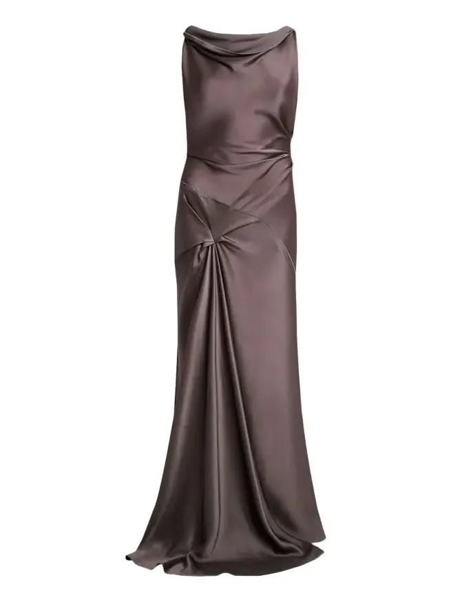 Asymmetric Draped Sleeveless Satin Midi Dress