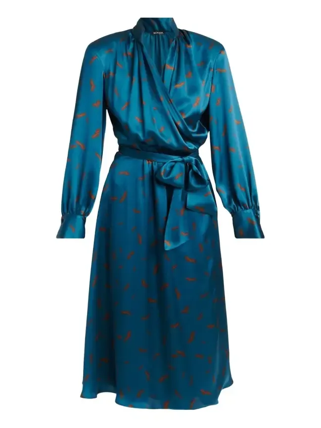 Kiton Strong-Shoulder Long-Sleeve Satin Midi Wrap Dress