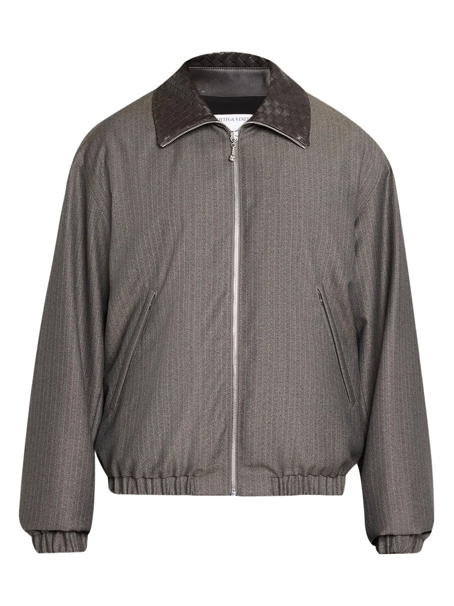 Men's Shadow Stripe Intrecciato Leather-Collar Jacket Men's Shadow Stripe Intrecciato Leather-Collar Jacket