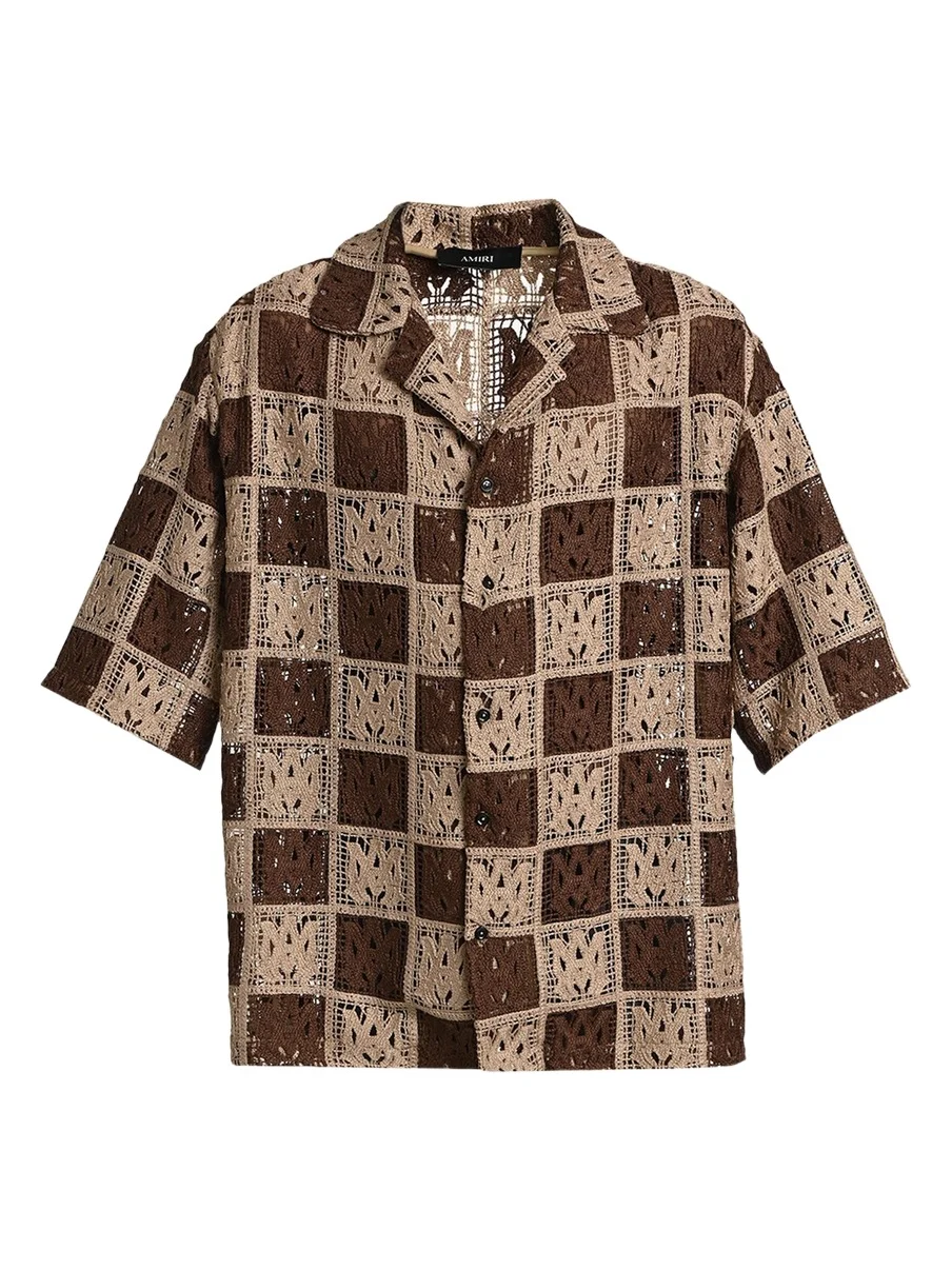 Men's Crochet MA-Knit Checkerboard Short-Sleeve Shirt Men's Crochet MA-Knit Checkerboard Short-Sleeve Shirt