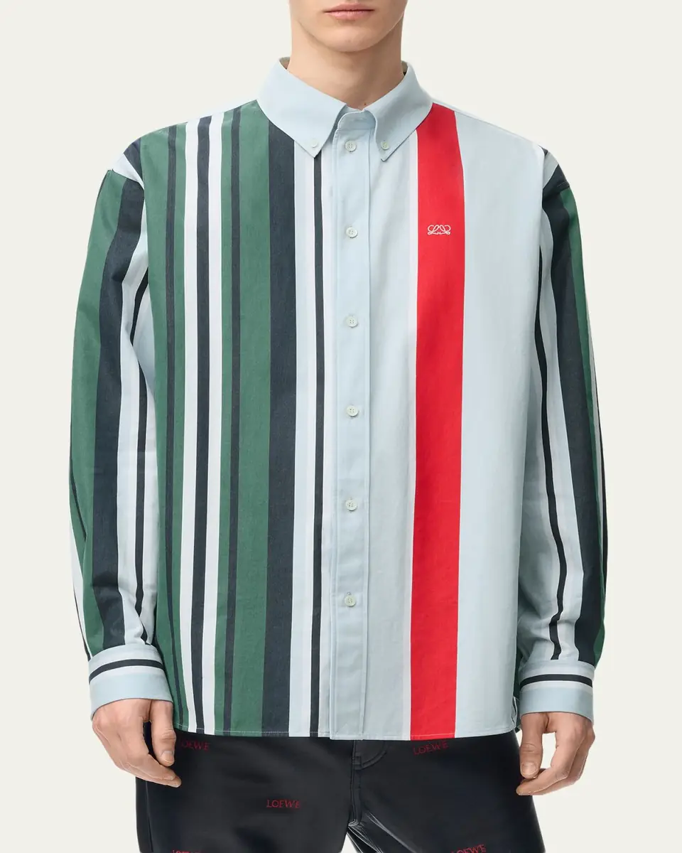 Loewe Men's Variegated Stripe Twill Button-Down Shirt | Thumbnail 4