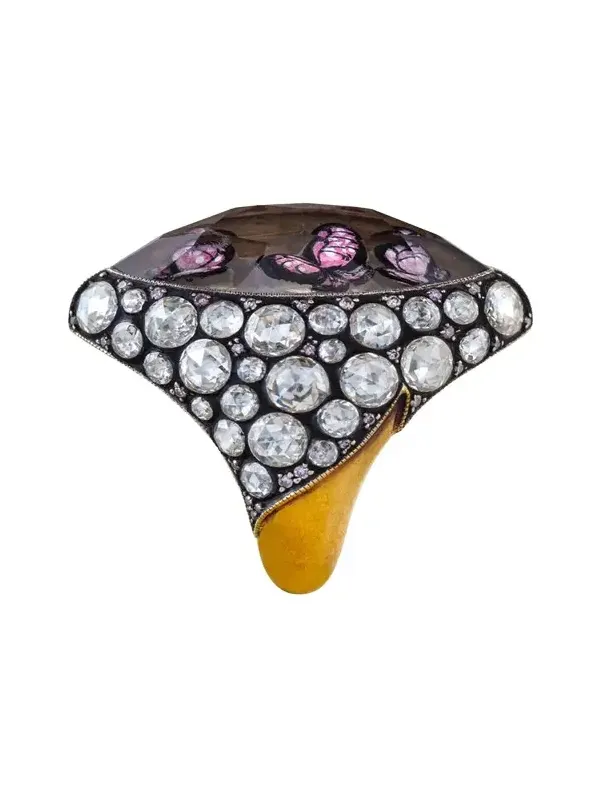 24K Yellow Gold and Silver Carved Butterfly Ring with Diamonds