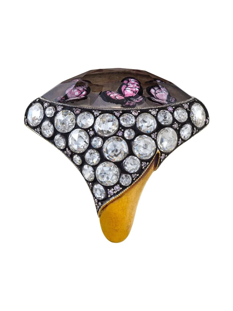 24K Yellow Gold and Silver Carved Butterfly Ring with Diamonds