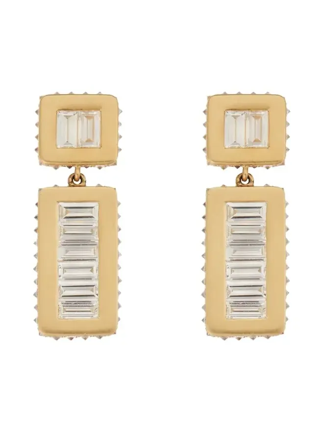 18K Yellow Gold Inverted Oblong Tile Earrings with Baguette Diamonds