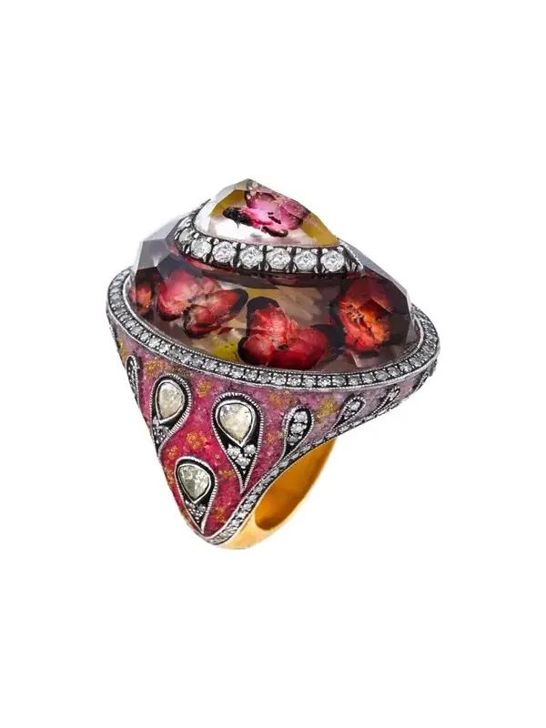 24K Yellow Gold Carved Citrine Peacock and Diamond Ring