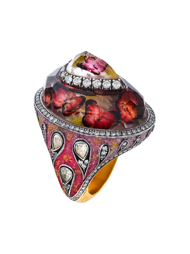 24K Yellow Gold Carved Citrine Peacock and Diamond Ring