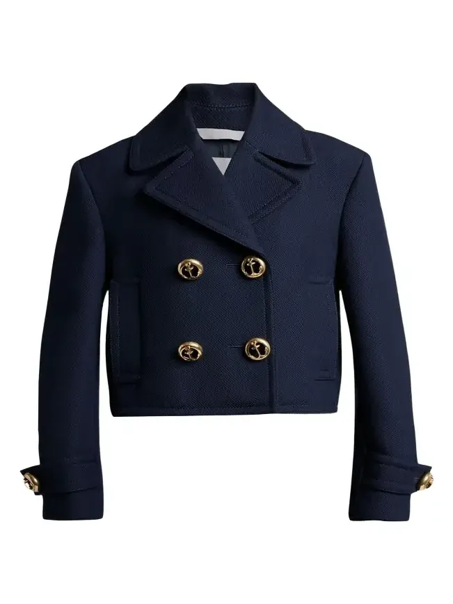 Double-Breasted Textured Wool Short Peacoat