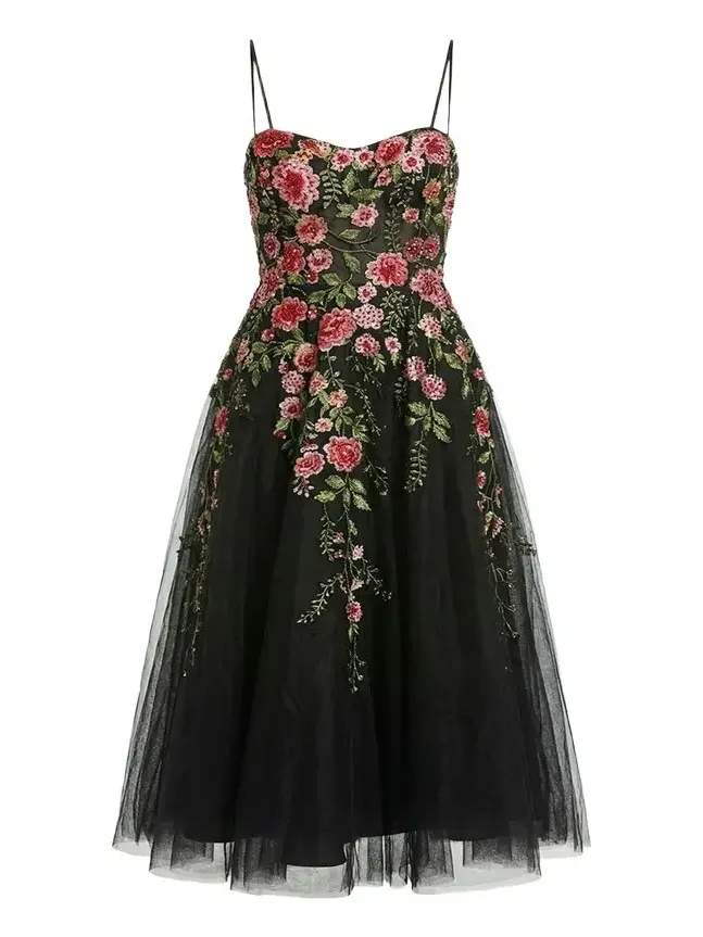 Floral-Embroidered Tulle Midi Dress