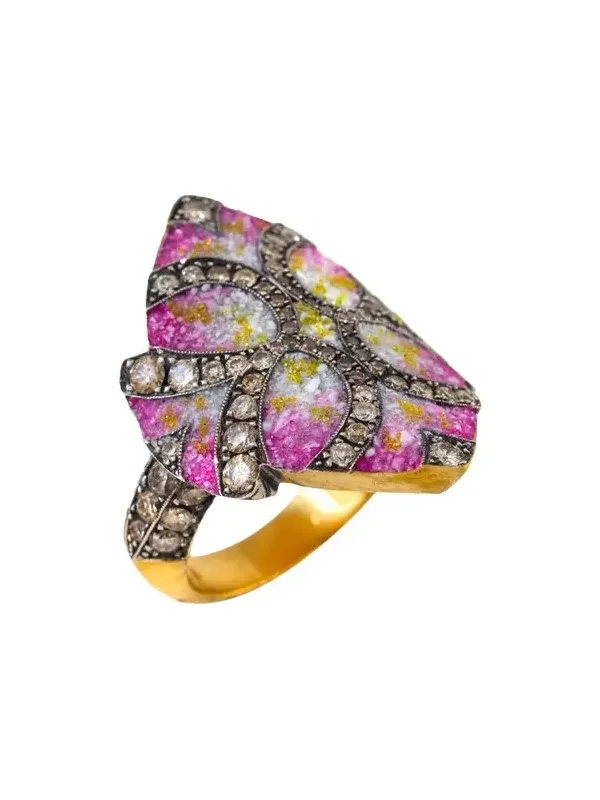 24K Yellow Gold and Silver Diamond and Pink Gradient Ring