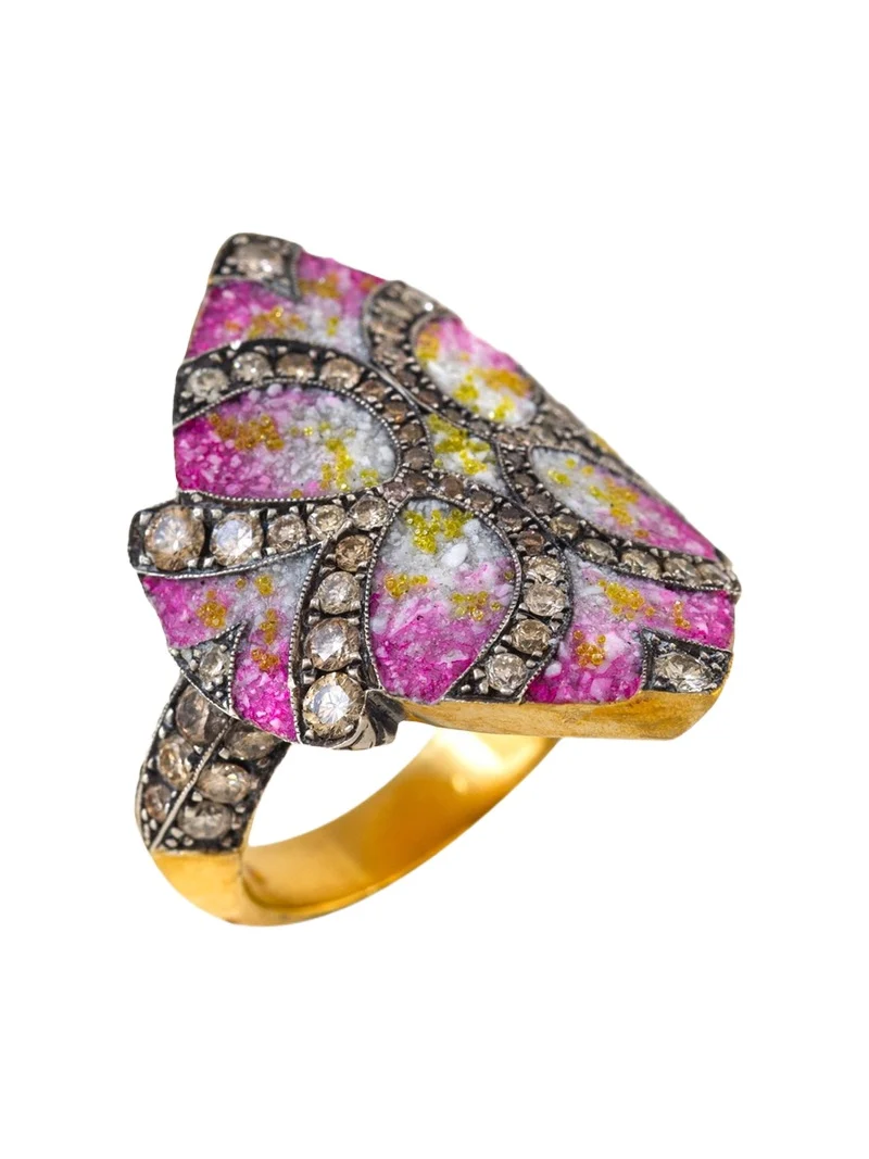 24K Yellow Gold and Silver Diamond and Pink Gradient Ring 24K Yellow Gold and Silver Diamond and Pink Gradient Ring