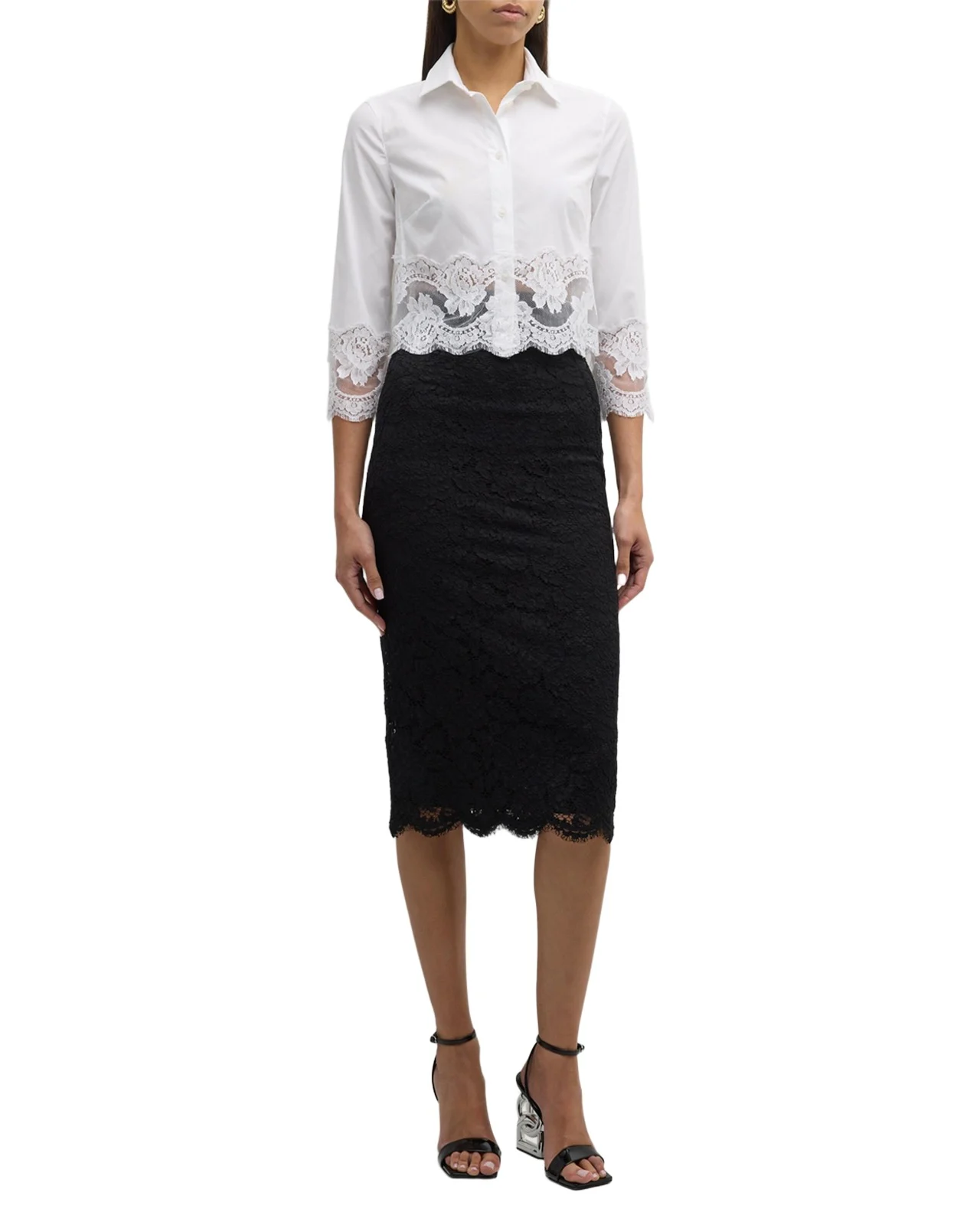 Cropped Button-Front Blouse with Lace Trim