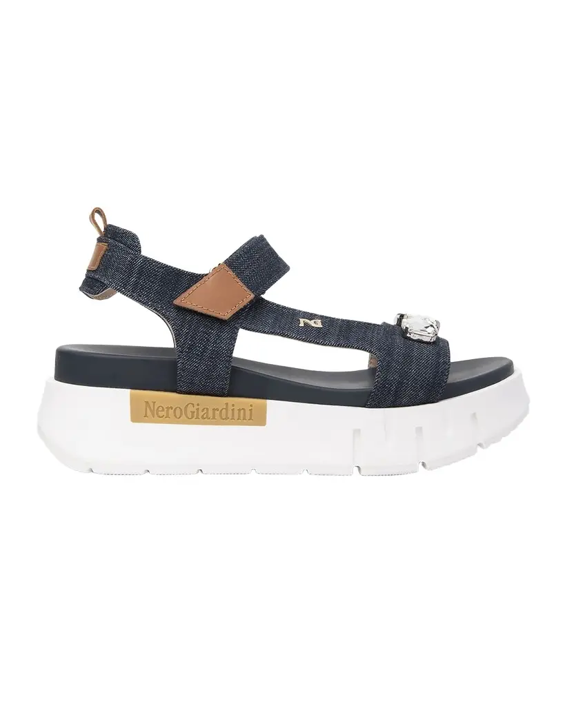 NeroGiardini Stone Embellished Denim and Leather Sandals | Image 1 NeroGiardini Stone Embellished Denim and Leather Sandals | Image 1