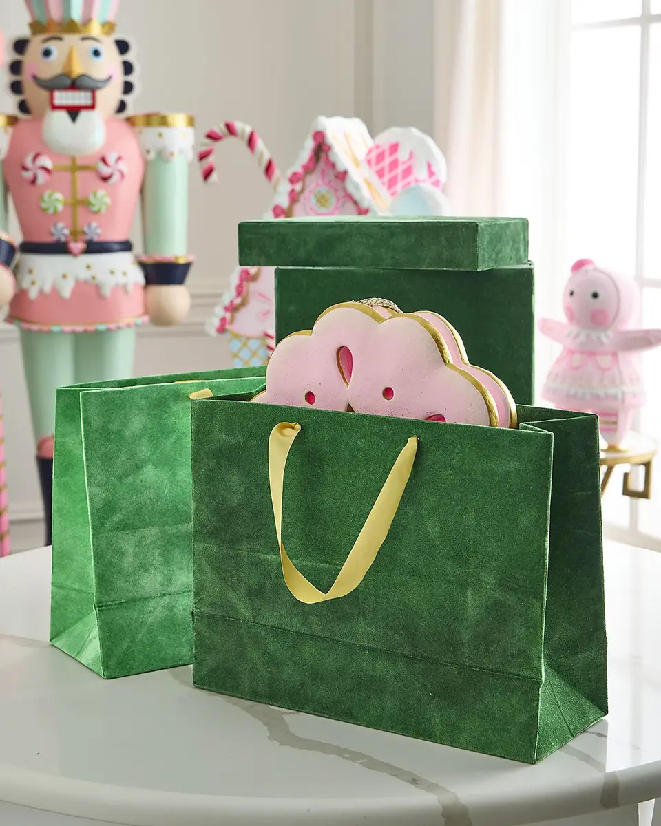 Glitterville Patisserie Large Green Flocked Gift Bags, Set of 10 | Image 1 Glitterville Patisserie Large Green Flocked Gift Bags, Set of 10 | Image 1