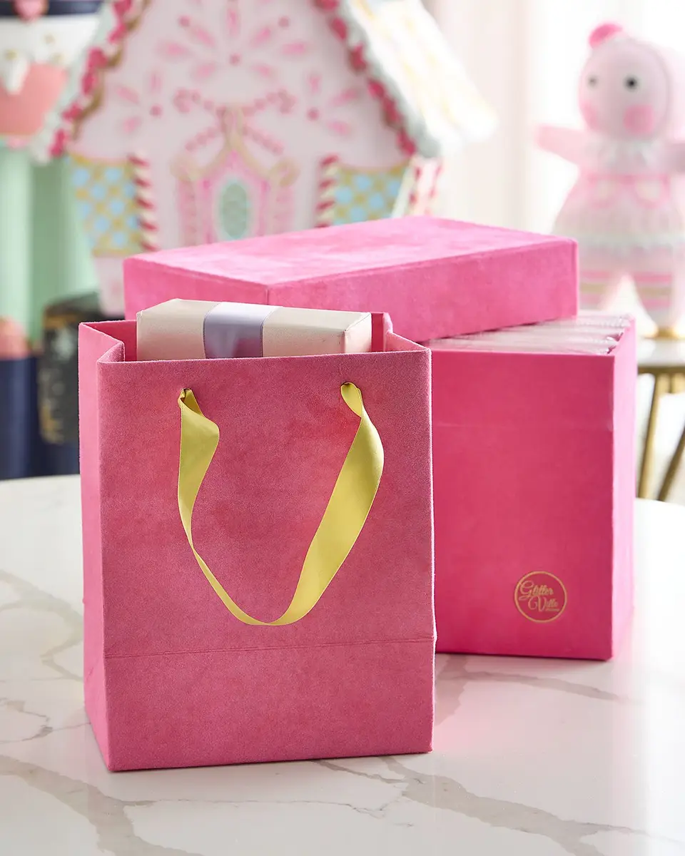 Glitterville Patisserie Neon Pink Flocked Gift Bags, Set of 10 | Image 1 Glitterville Patisserie Neon Pink Flocked Gift Bags, Set of 10 | Image 1