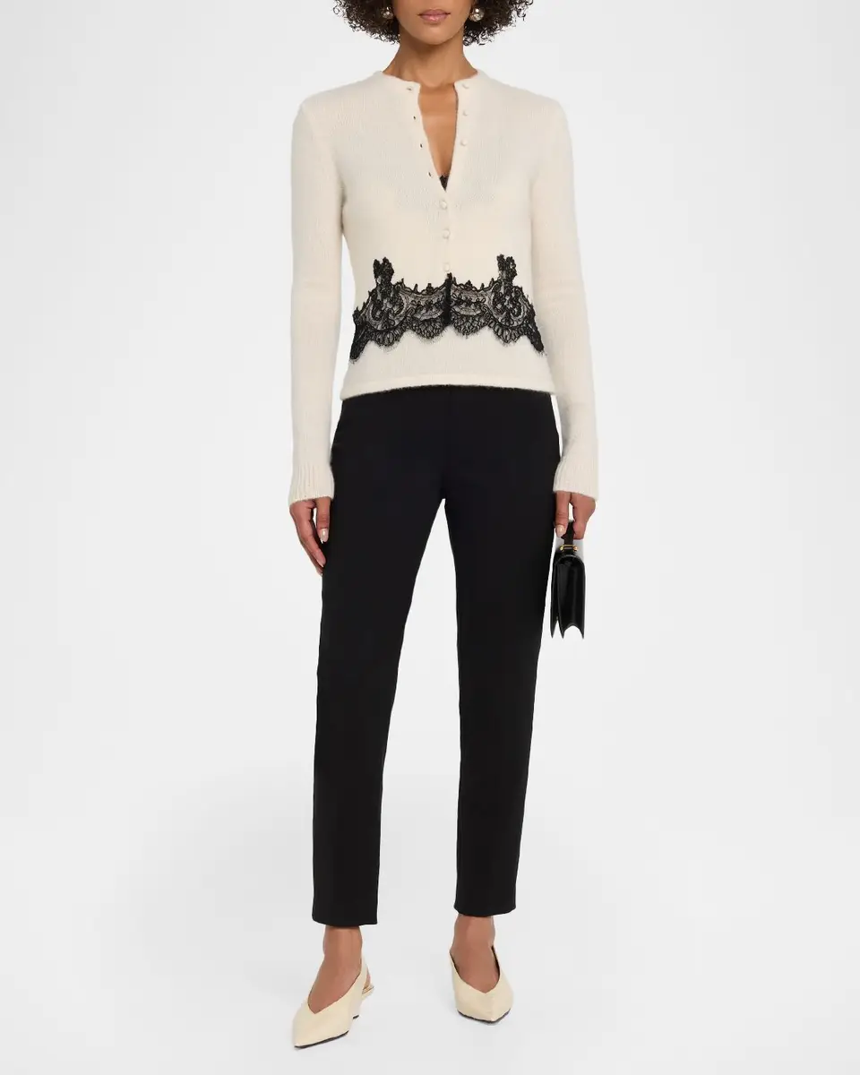 Adam Lippes Briar Lace-Trim Cashmere Knit Crewneck Cardigan | Thumbnail 2