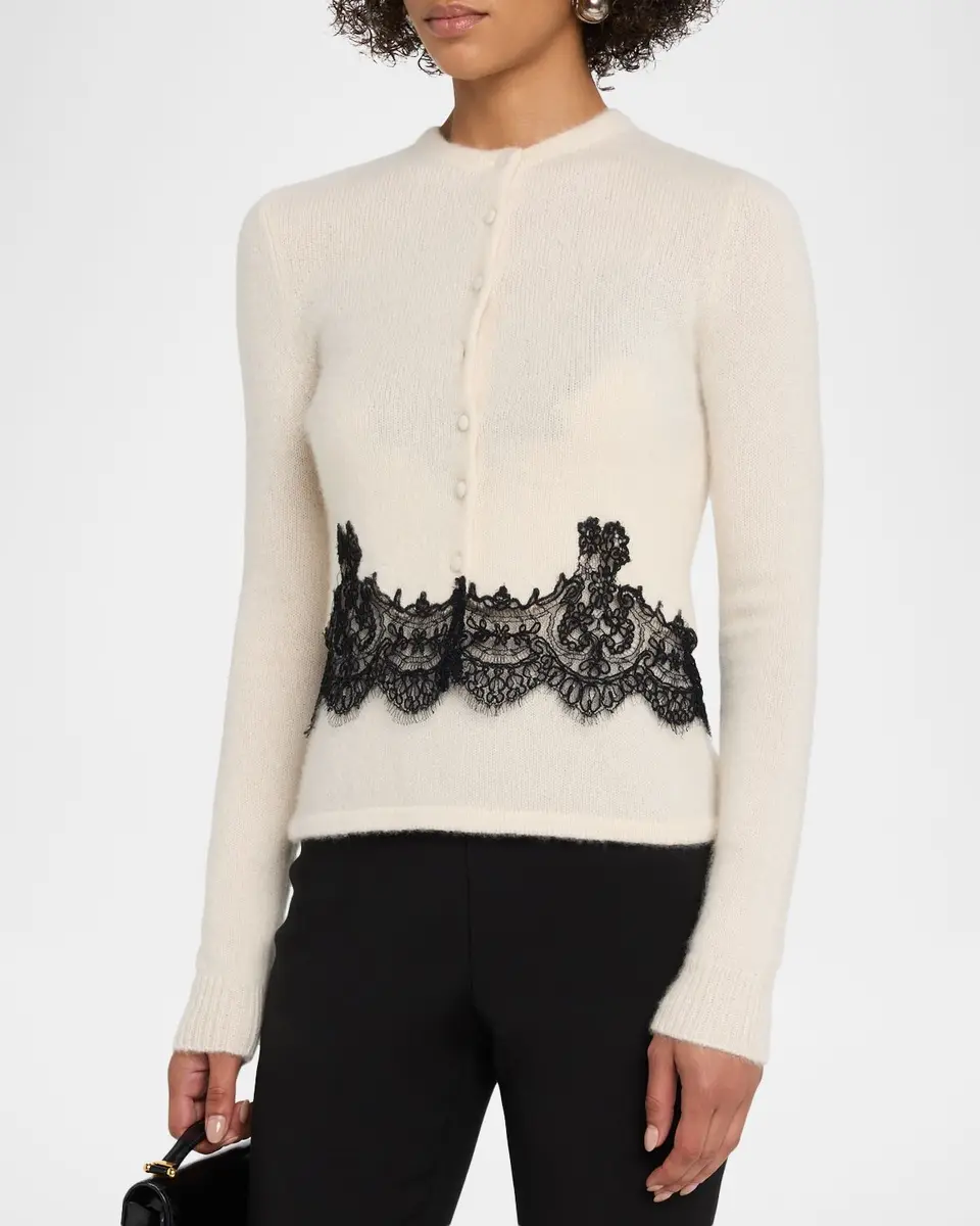 Adam Lippes Briar Lace-Trim Cashmere Knit Crewneck Cardigan | Thumbnail 4
