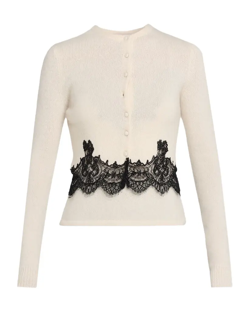 Adam Lippes Briar Lace-Trim Cashmere Knit Crewneck Cardigan | Image 1 Adam Lippes Briar Lace-Trim Cashmere Knit Crewneck Cardigan | Image 1