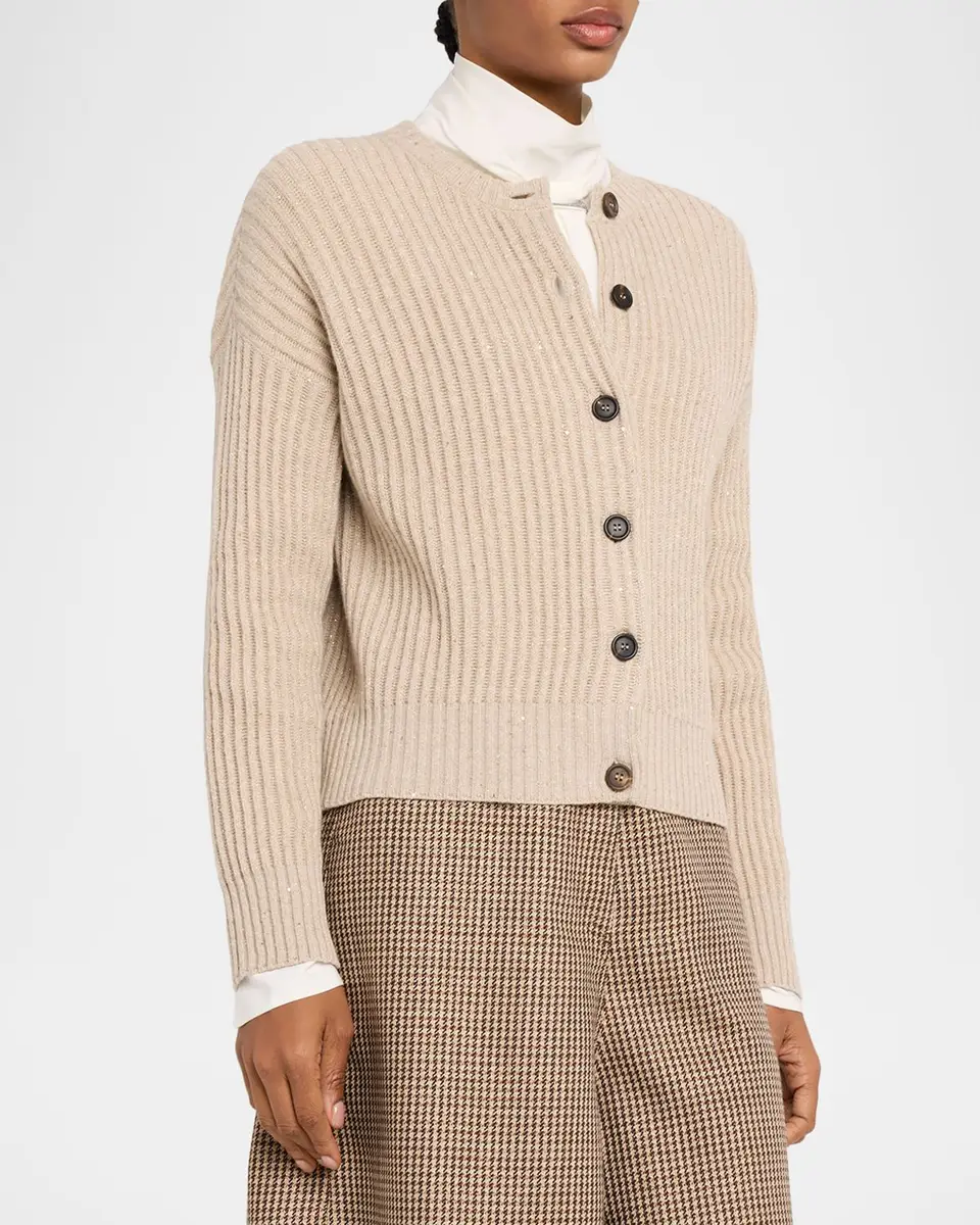 Brunello Cucinelli Shimmering Cashmere-Wool English Rib Crewneck Cardigan | Thumbnail 4 Brunello Cucinelli Shimmering Cashmere-Wool English Rib Crewneck Cardigan | Thumbnail 4