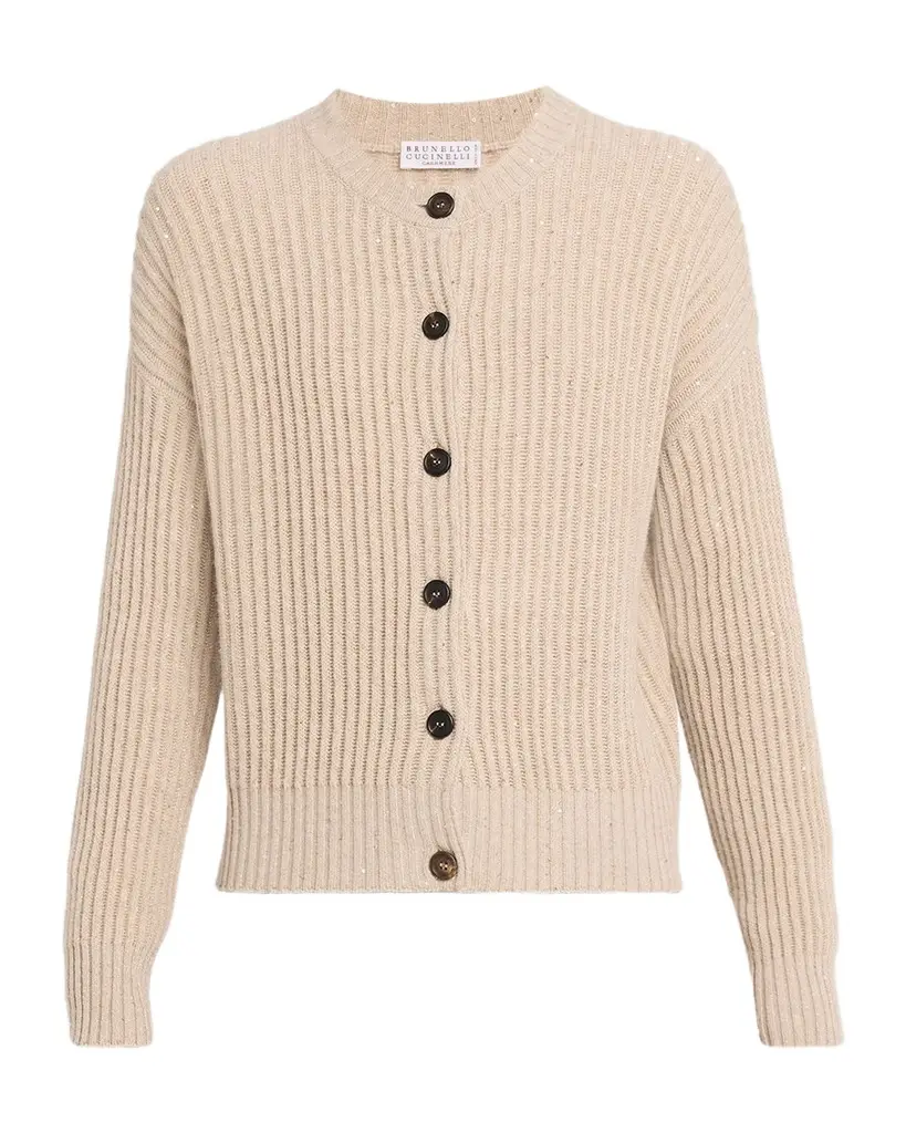 Brunello Cucinelli Shimmering Cashmere-Wool English Rib Crewneck Cardigan | Image 1 Brunello Cucinelli Shimmering Cashmere-Wool English Rib Crewneck Cardigan | Image 1