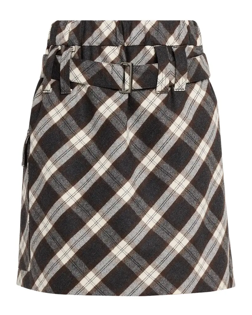 Brunello Cucinelli Wool-Blend Belted Plaid Skirt | Image 1 Brunello Cucinelli Wool-Blend Belted Plaid Skirt | Image 1