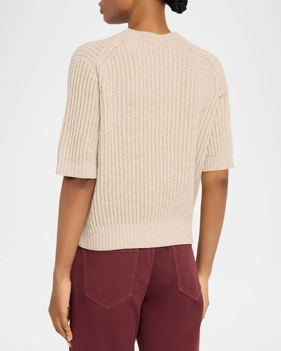 Brunello Cucinelli Shimmering Cashmere English Rib Short-Sleeve Sweater | Thumbnail 3 Brunello Cucinelli Shimmering Cashmere English Rib Short-Sleeve Sweater | Thumbnail 3