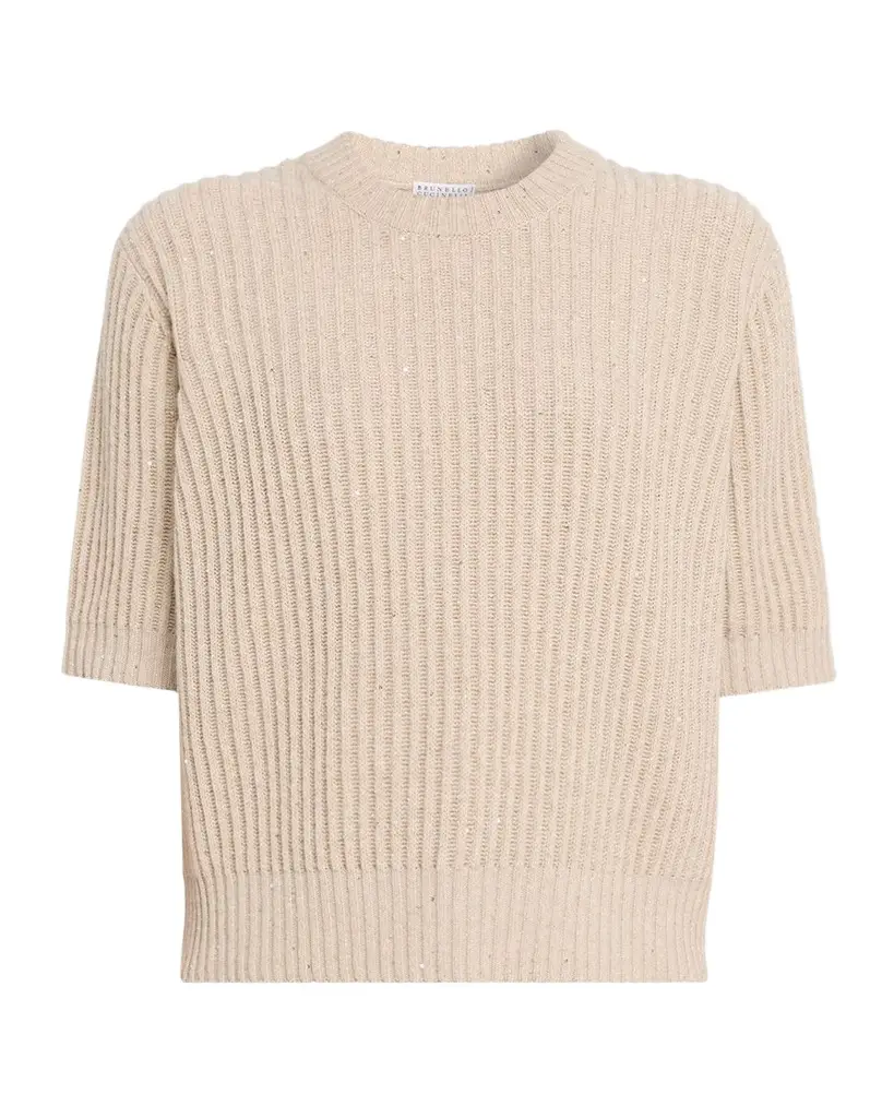 Brunello Cucinelli Shimmering Cashmere English Rib Short-Sleeve Sweater | Image 1 Brunello Cucinelli Shimmering Cashmere English Rib Short-Sleeve Sweater | Image 1