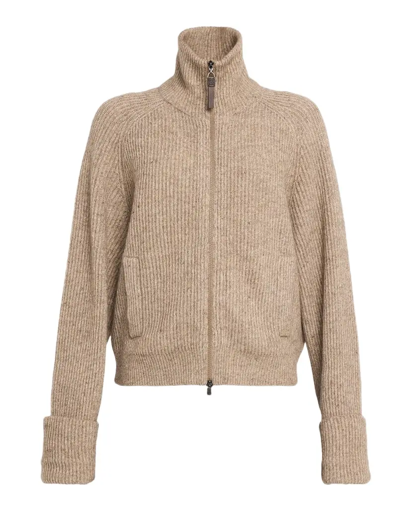 Brunello Cucinelli Cashmere-Mohair Ribbed Zip-Up Cardigan | Image 1 Brunello Cucinelli Cashmere-Mohair Ribbed Zip-Up Cardigan | Image 1
