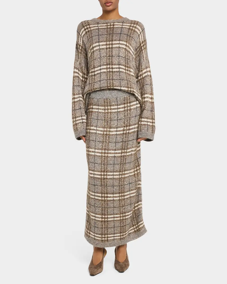 Brunello Cucinelli Drop-Shoulder Relaxed Plaid Sweater | Thumbnail 2 Brunello Cucinelli Drop-Shoulder Relaxed Plaid Sweater | Thumbnail 2