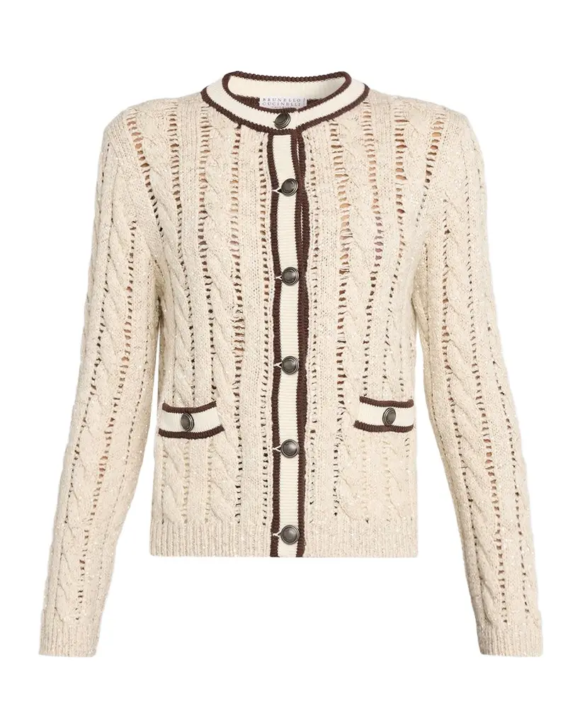 Brunello Cucinelli Micro Sequin Openwork Cable Knit Cardigan | Image 1 Brunello Cucinelli Micro Sequin Openwork Cable Knit Cardigan | Image 1