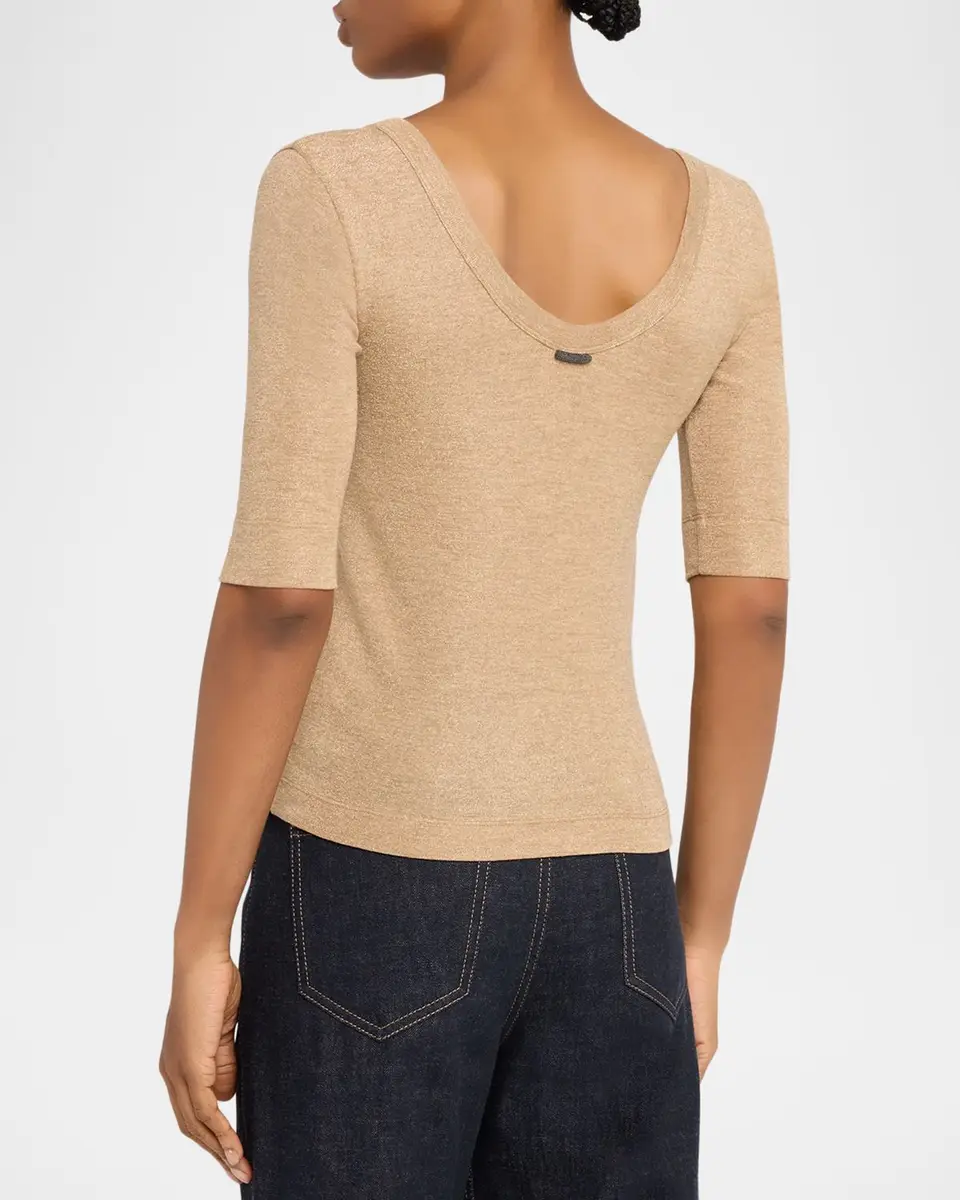 Brunello Cucinelli Shimmering Knit Elbow-Sleeve Blouse | Thumbnail 3