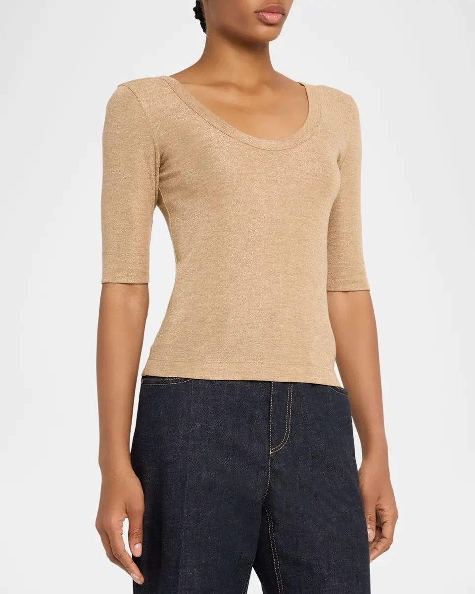 Brunello Cucinelli Shimmering Knit Elbow-Sleeve Blouse | Thumbnail 4