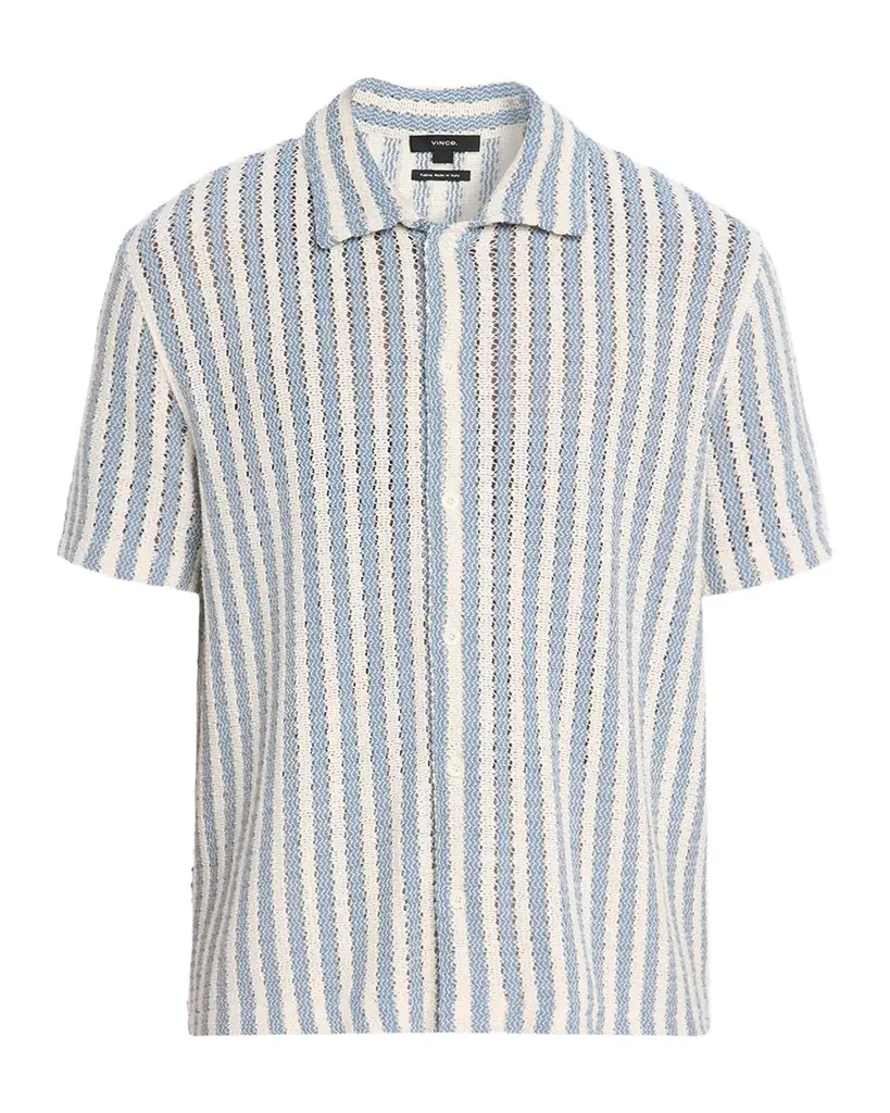 Vince Men's Beach Stripe Open Knit Short-Sleeve Shirt | Image 1 Vince Men's Beach Stripe Open Knit Short-Sleeve Shirt | Image 1