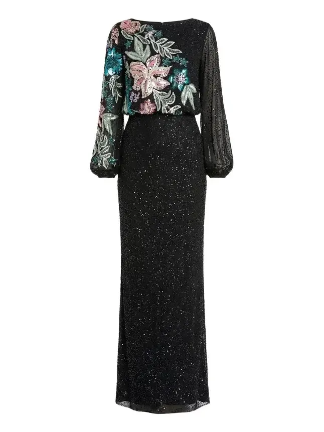 Beaded Floral Sequin Column Gown Beaded Floral Sequin Column Gown