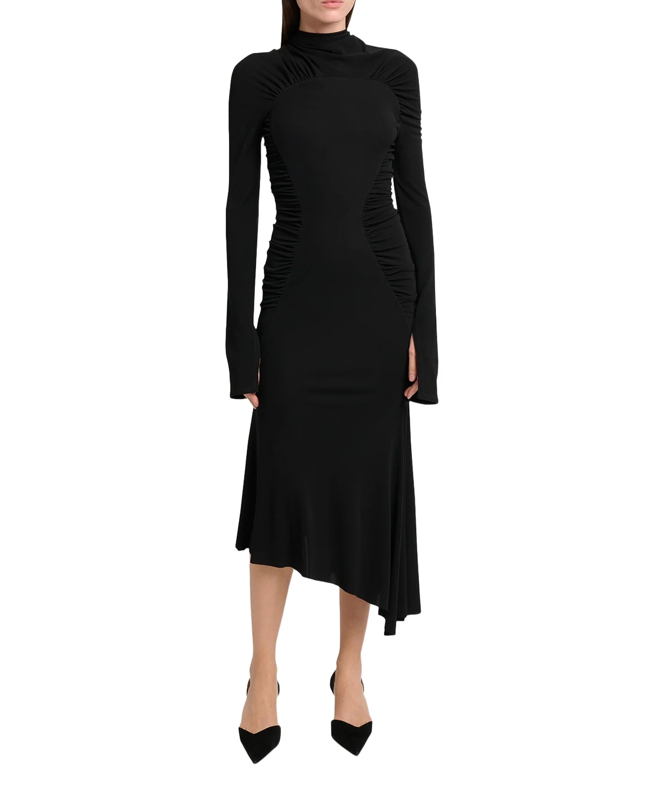 High-Neck Contour-Ruched Midi Dress