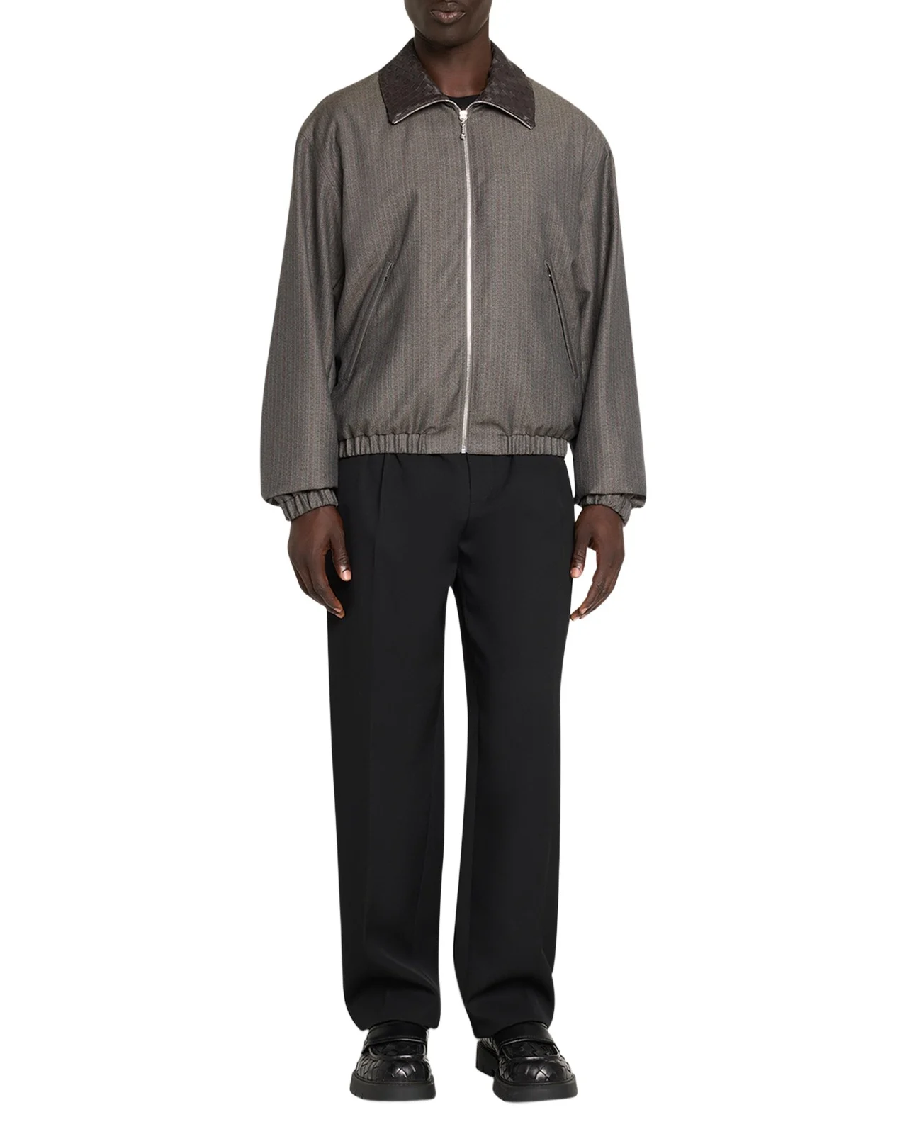 Men's Shadow Stripe Intrecciato Leather-Collar Jacket Men's Shadow Stripe Intrecciato Leather-Collar Jacket