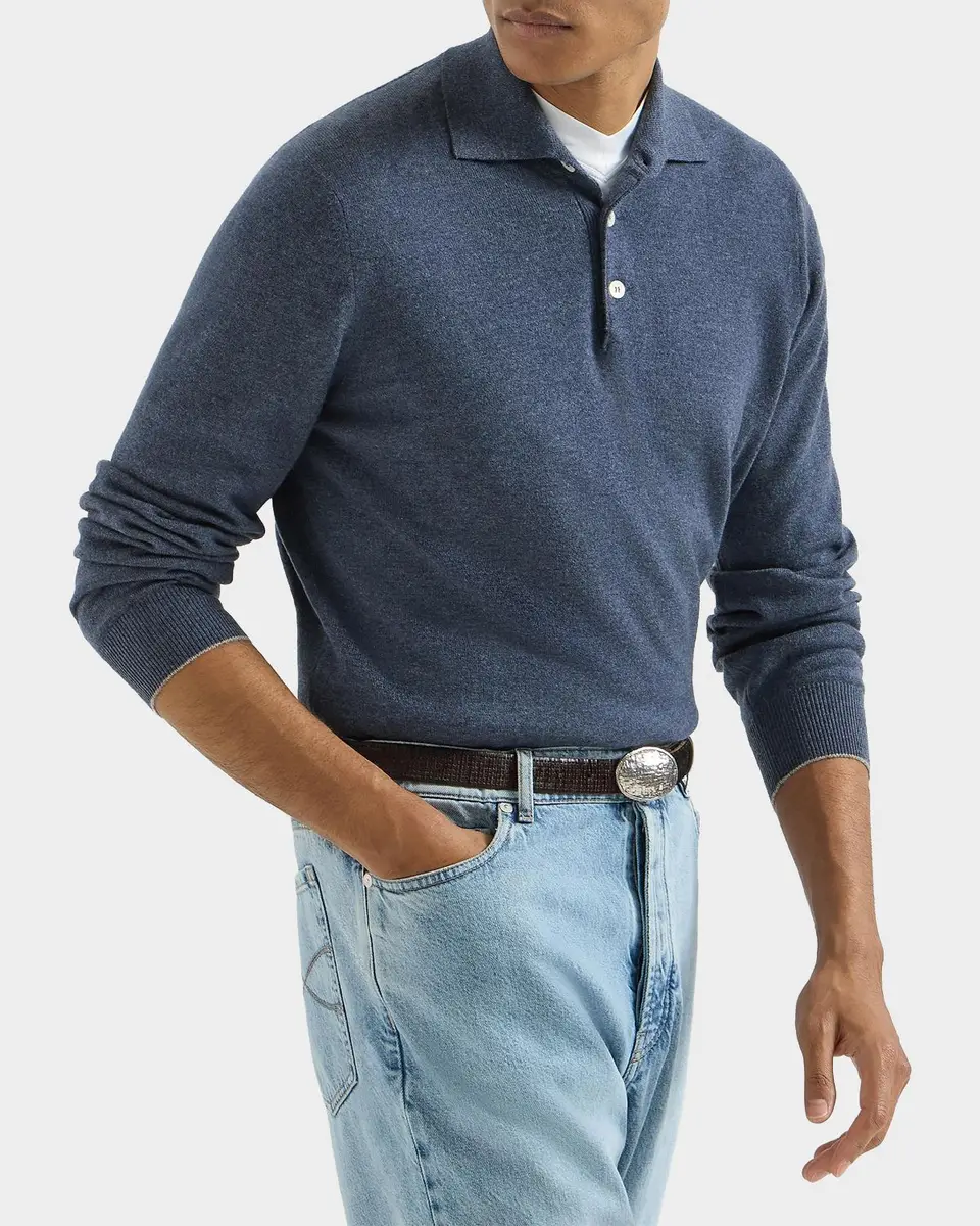 Brunello Cucinelli Men's Cashmere Knit Long-Sleeve Polo Shirt | Thumbnail 6 Brunello Cucinelli Men's Cashmere Knit Long-Sleeve Polo Shirt | Thumbnail 6