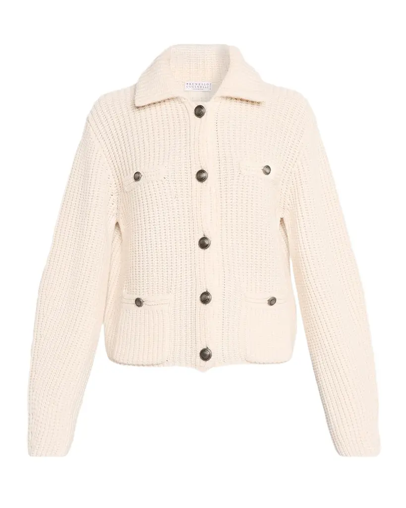 Brunello Cucinelli Cashmere Rib Collared Cardigan | Image 1 Brunello Cucinelli Cashmere Rib Collared Cardigan | Image 1