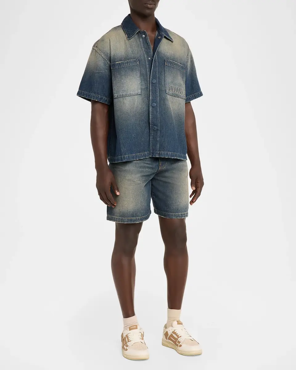 AMIRI Men's Denim Embossed-Logo Short-Sleeve Shirt | Thumbnail 2 AMIRI Men's Denim Embossed-Logo Short-Sleeve Shirt | Thumbnail 2